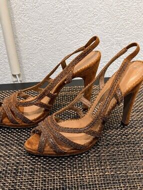 Salvatore Ferragamo Tan Suede Strappy Peep-Toe Slingback Heels